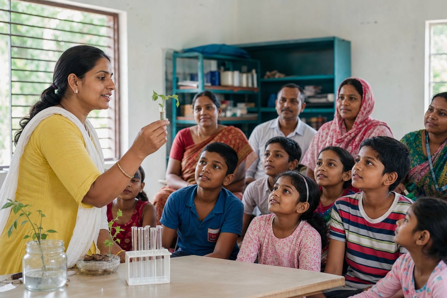 Children and adults participating in a practical learning session