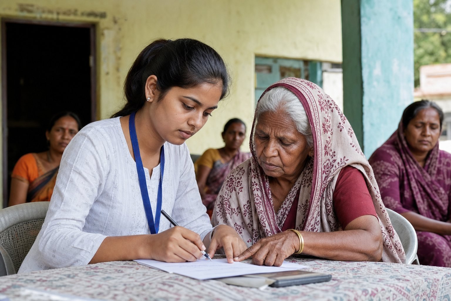 A community volunteer responsibly assisting an elderly woman