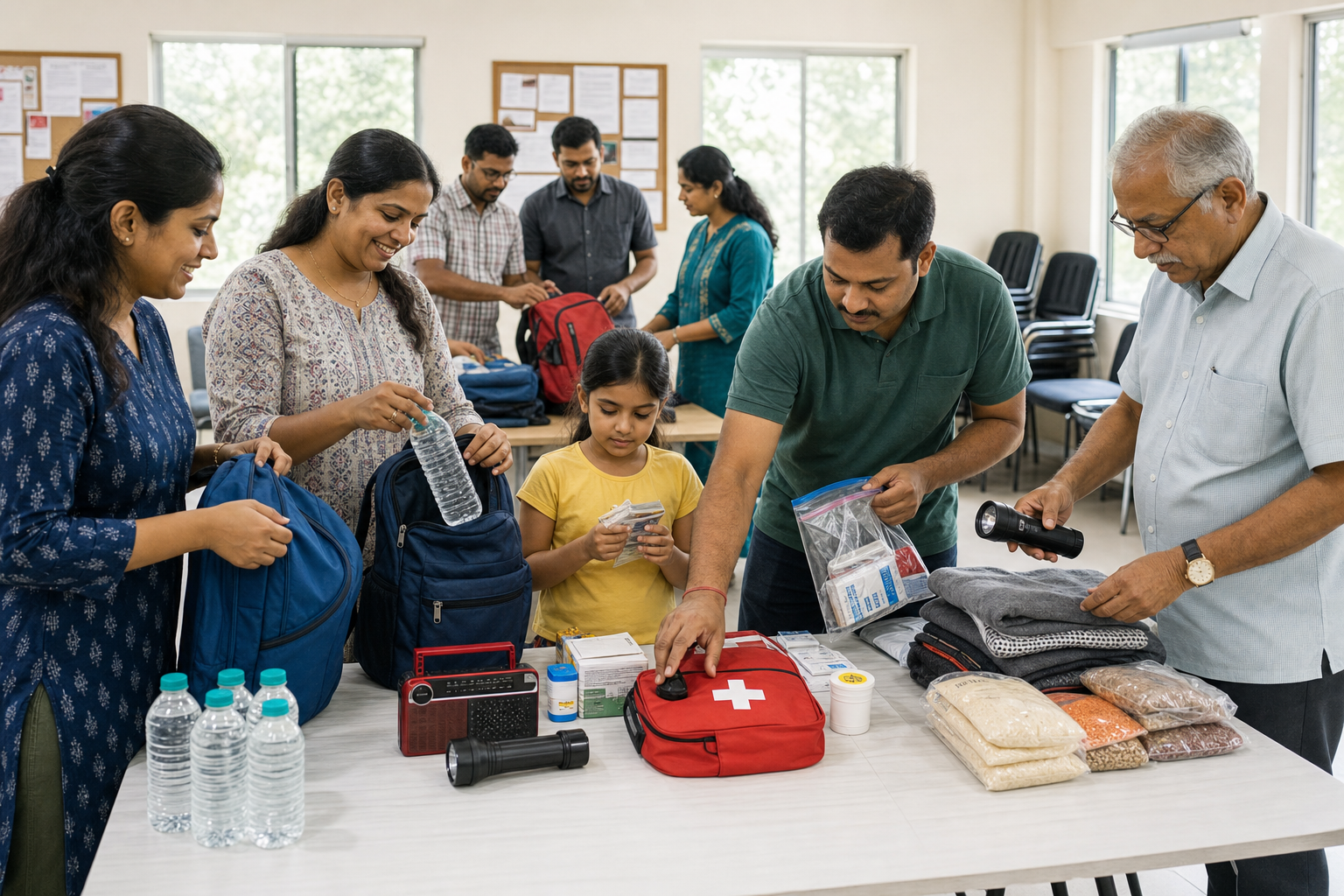 Families and volunteers preparing emergency supply kits