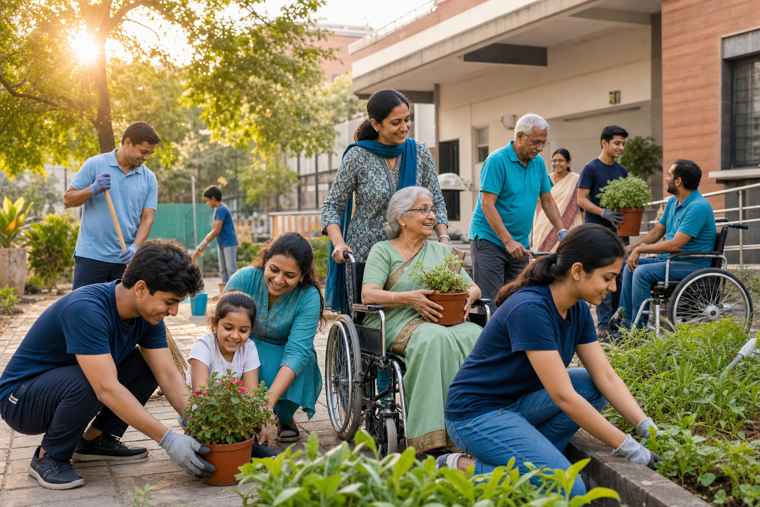 An inclusive community working together on a neighborhood garden