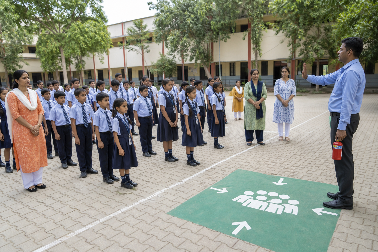 Students and teachers participating in an organized school safety drill