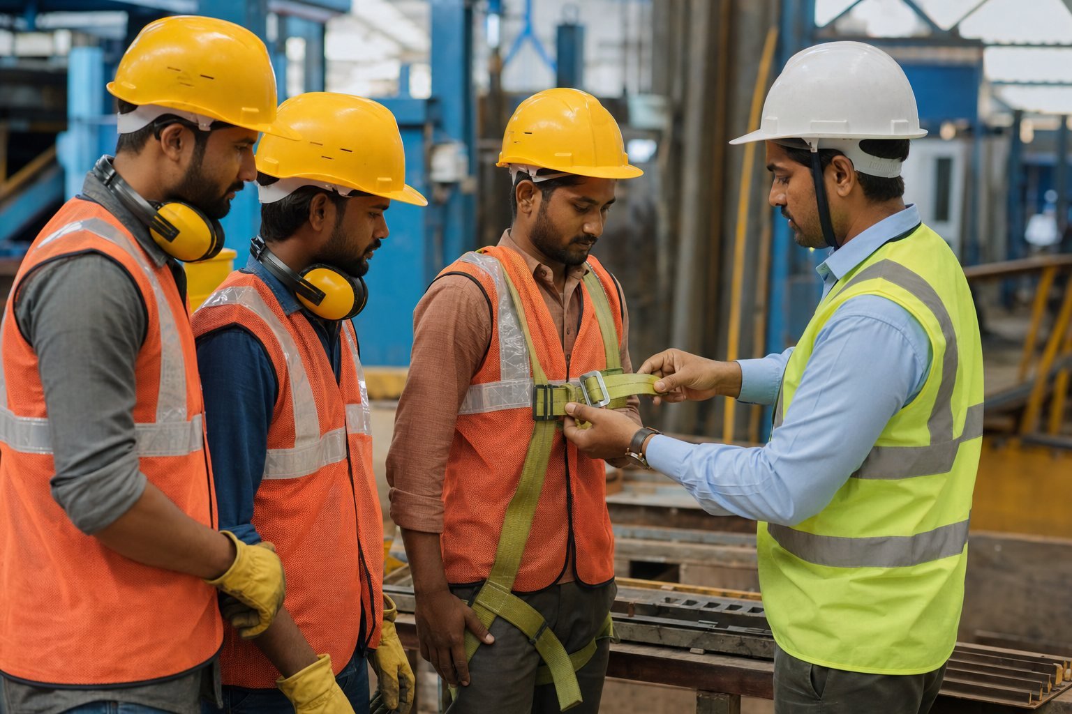Migrant workers receiving workplace safety guidance