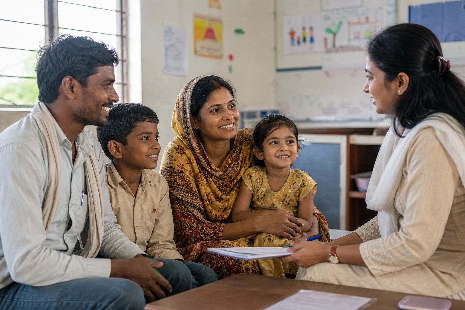 A migrant family receiving family welfare guidance