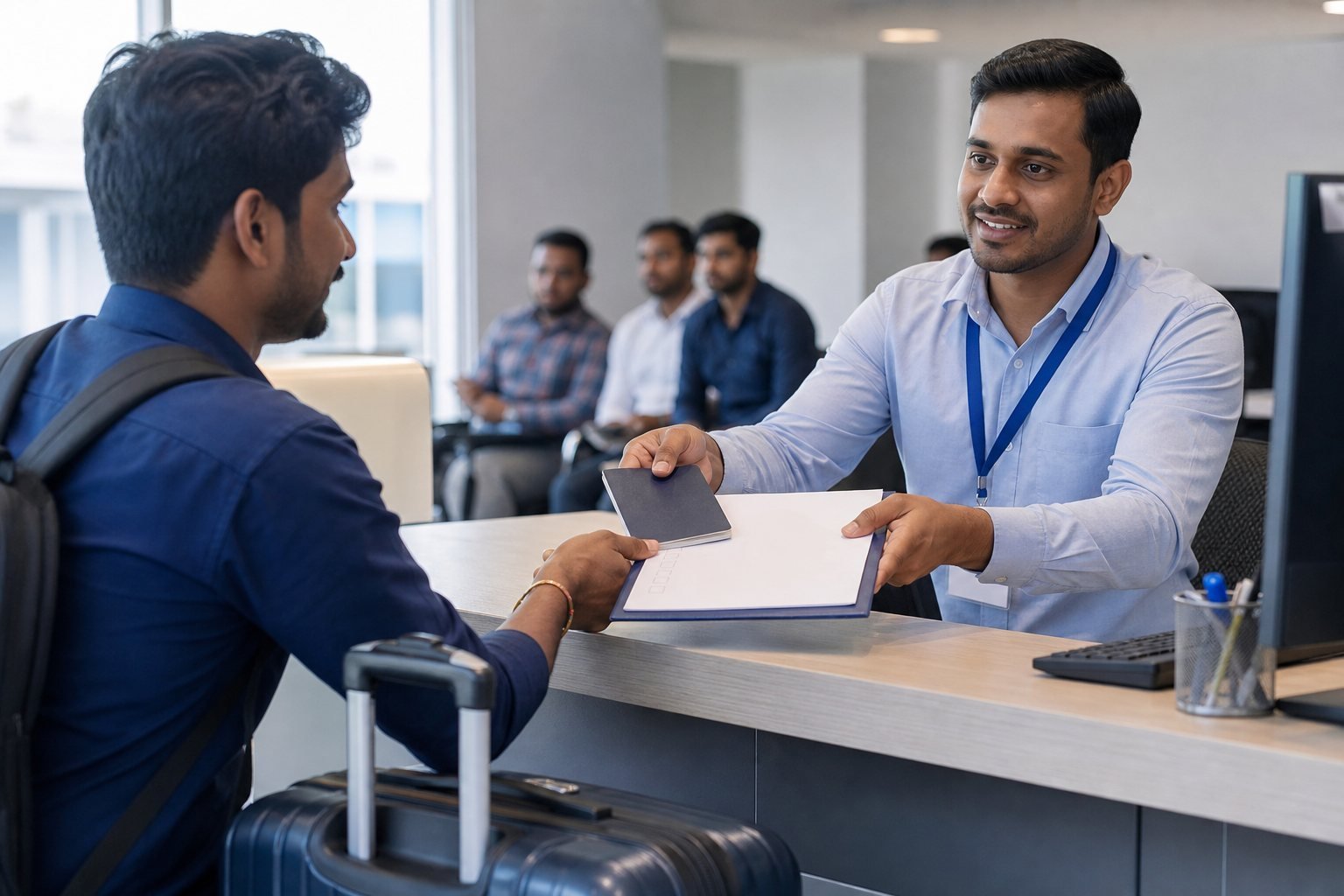A migrant worker receiving verified legal travel documents